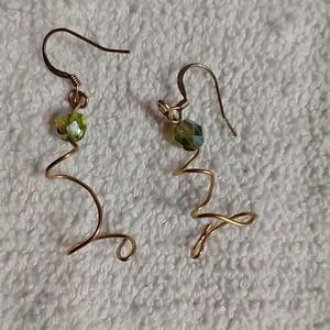 Goldtone spiral green beaded wire earrings